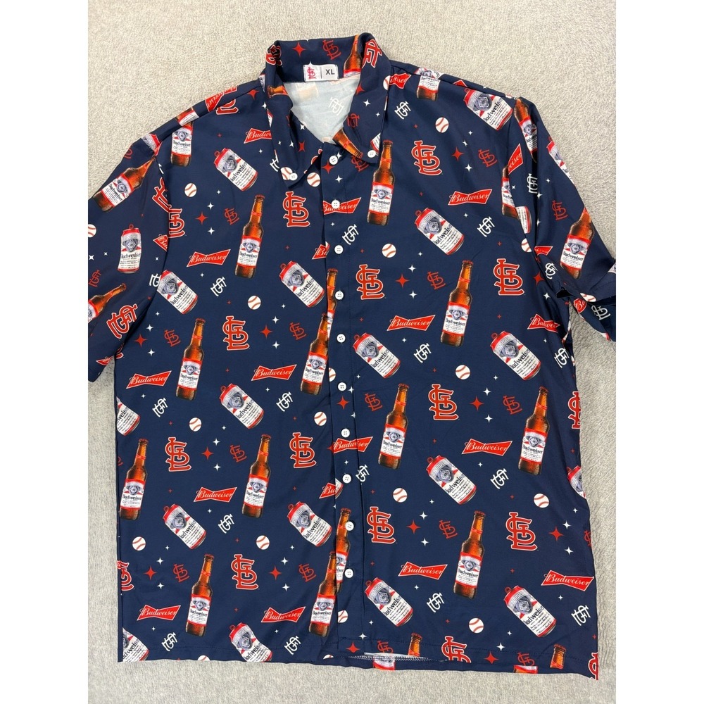 St Louis Cardinals Budweiser Short Sleeve Baseball Camp Shirt (Men's XL) Blue